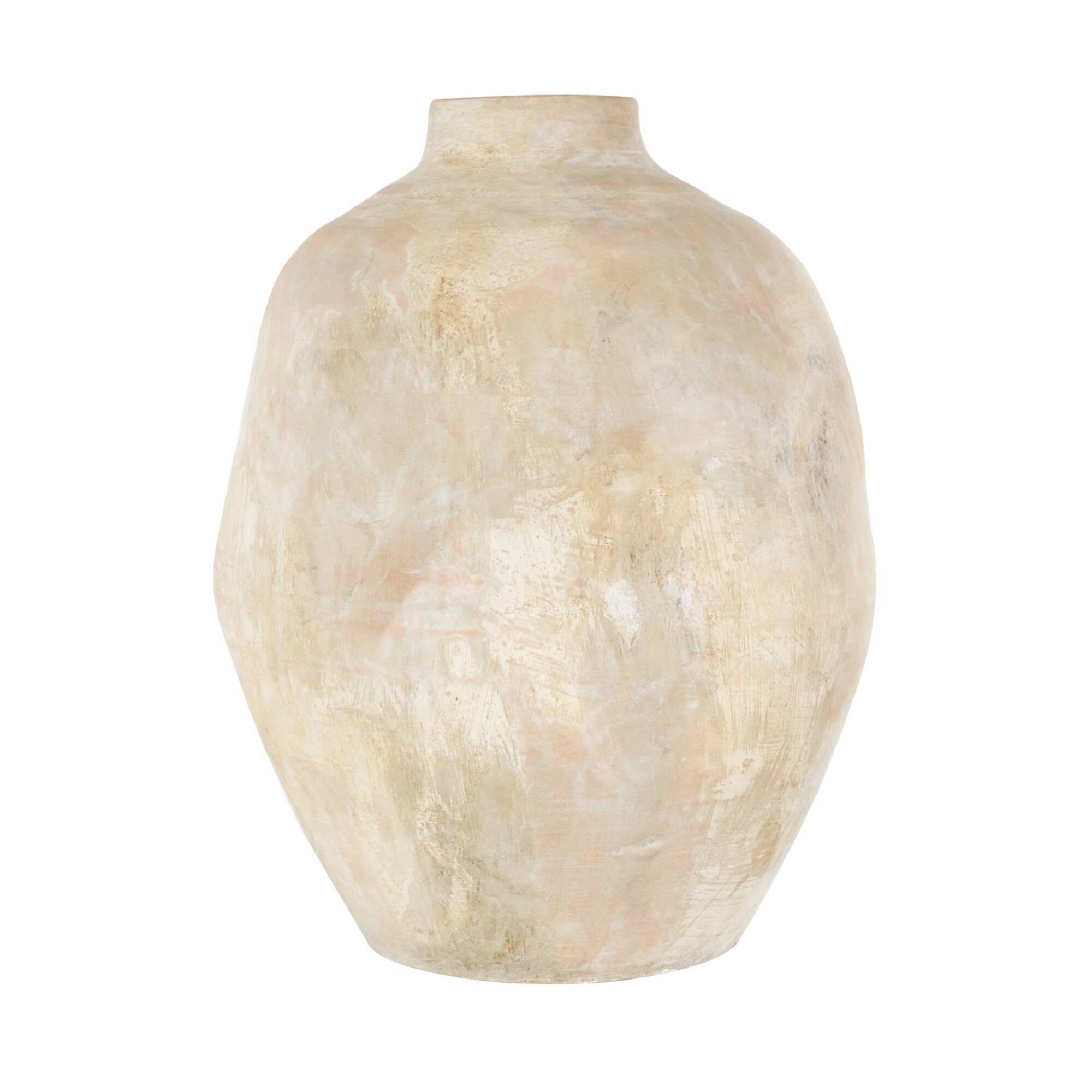 14.5" Beige & Shades of Pink Antique Wide Ceramic Vase